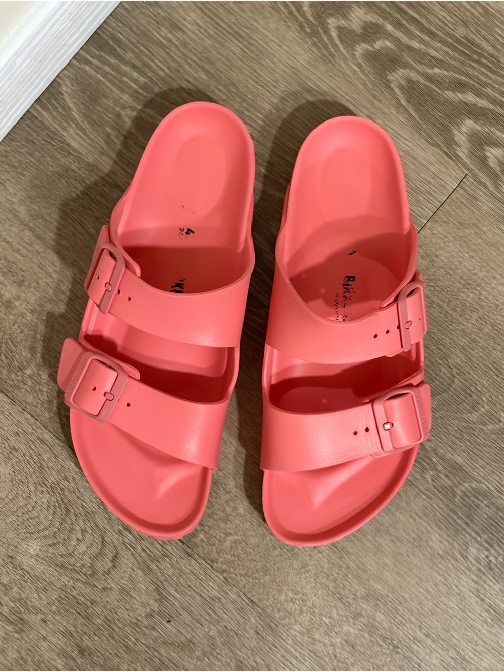 Birkenstock Two-Strap Slide Sandals in Coral Pink